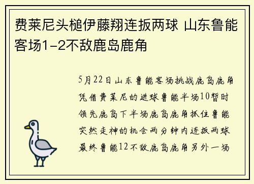 费莱尼头槌伊藤翔连扳两球 山东鲁能客场1-2不敌鹿岛鹿角