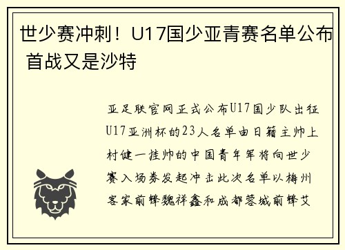 世少赛冲刺！U17国少亚青赛名单公布 首战又是沙特