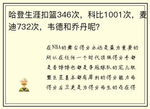 哈登生涯扣篮346次，科比1001次，麦迪732次，韦德和乔丹呢？